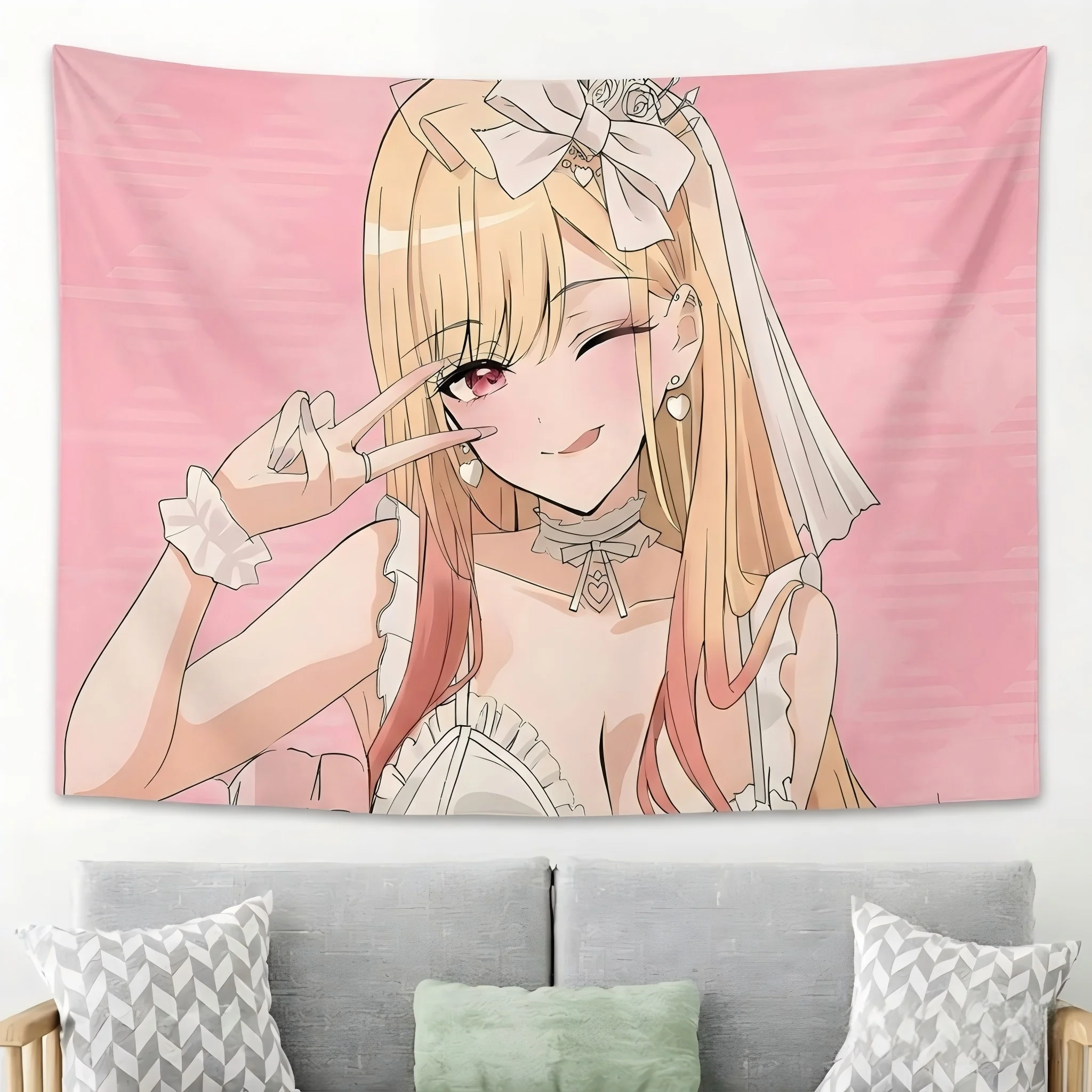 My Dress-Up Darling Marin Kitagawa Tapestry Pink Anime Girl Wall Hanging Kawaii Aesthetic Room Decor Tapestry for Dorm Bedroom