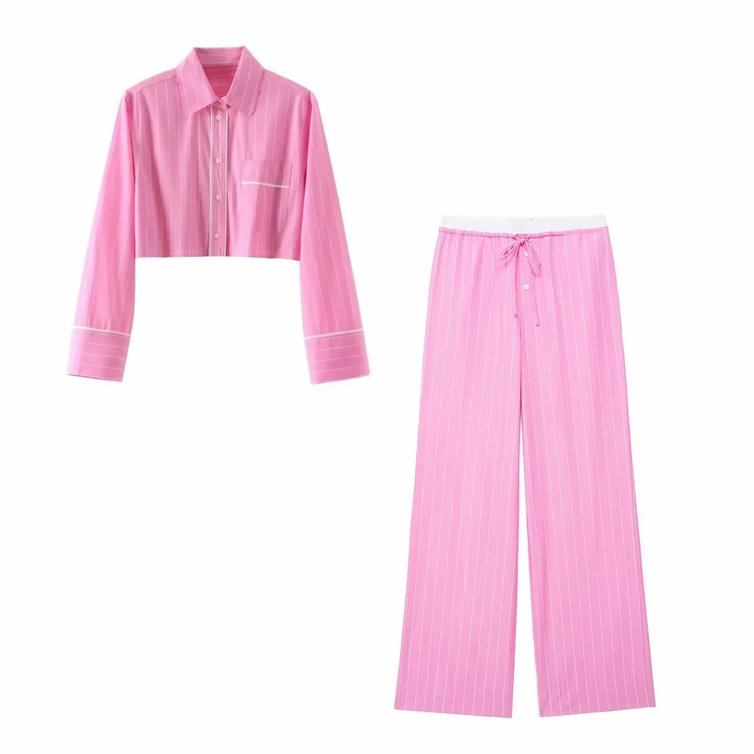 Pink Long Pant Sets For Women 2 Pieces 2024 Elegant Suit Shirt Striped Pajamas Loose Wide Leg Trousers Casual Fashion Youthful