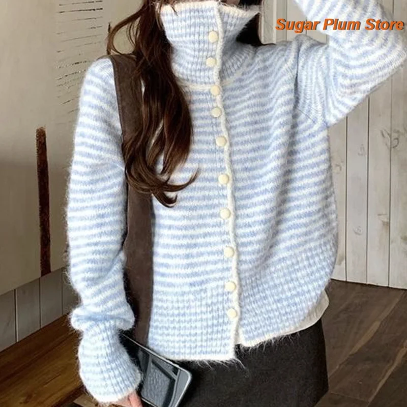 Autumn Korean Retro Striped Lapel Sweater Coat Female Explosion High-grade Soft Waxy Loose Comfortable Leisure Knitted Cardigan.
