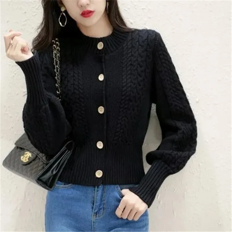 Spring And Autumn 2022 New Style Jacket  Crew Neck Cardigan Sweater Lazy Wind Lantern Sleeve Short Knitting Coat Women's Tops