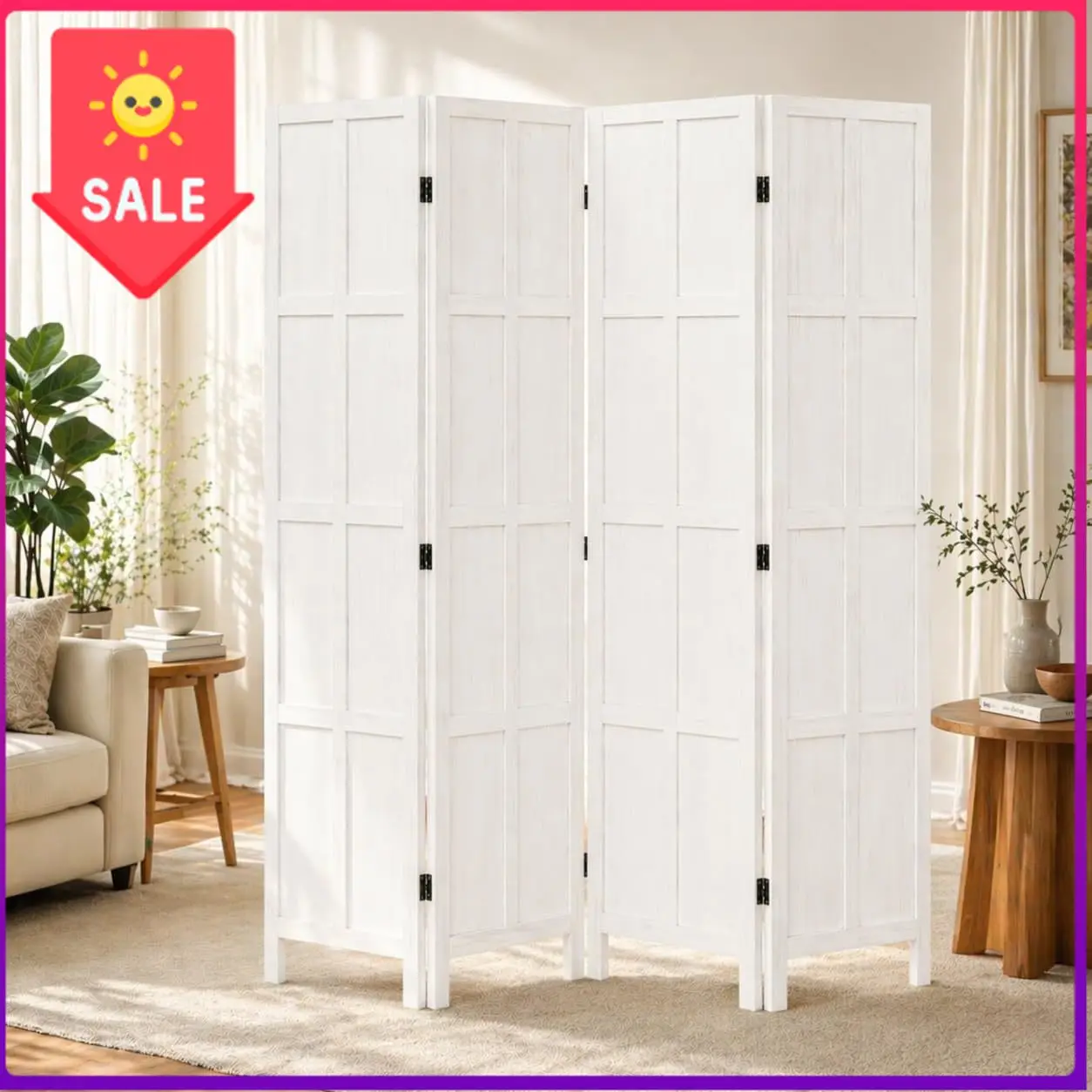 4 Panel Solid Wood Room Divider Folding Privacy Screen White | Freestanding Folding Room Partition For Bedroom Home Office Apart