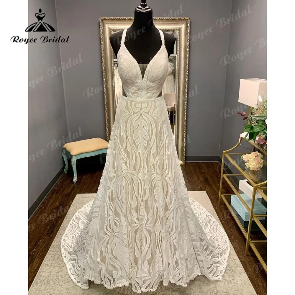 Sexy Halter Neck Lace A Line Beach Wedding Dress for Women Open Back 2025 Robe Mariage Civil Wedding Bridal Gowns Cutsom Made