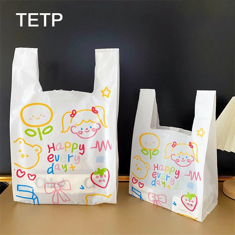 TETP 50Pcs White Shopping Bags With Printing Pattern Children's Day Gifts Birthday Handmade Cookies Candy Packaging Decoration