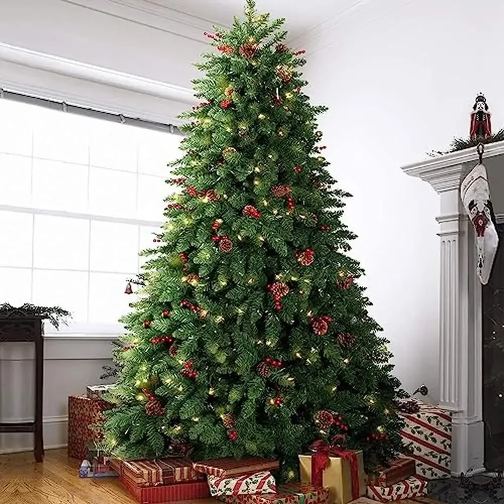 Artificial Christmas Tree 10FT Pre-lit Berries Pine Cones Metal Base Clear Lights Winter Decor Full Branches Easy Assemble