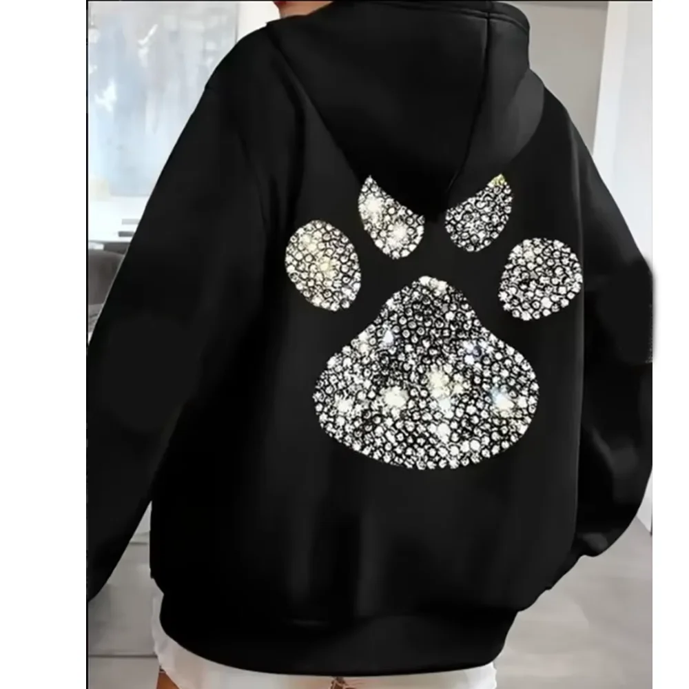 

Толстовка с графическим принтом лапы со стразами, сверкающий мультяшный дизайн, регулируемый капюшон на шнурке, повседневный пуловер, который можно стирать в машине