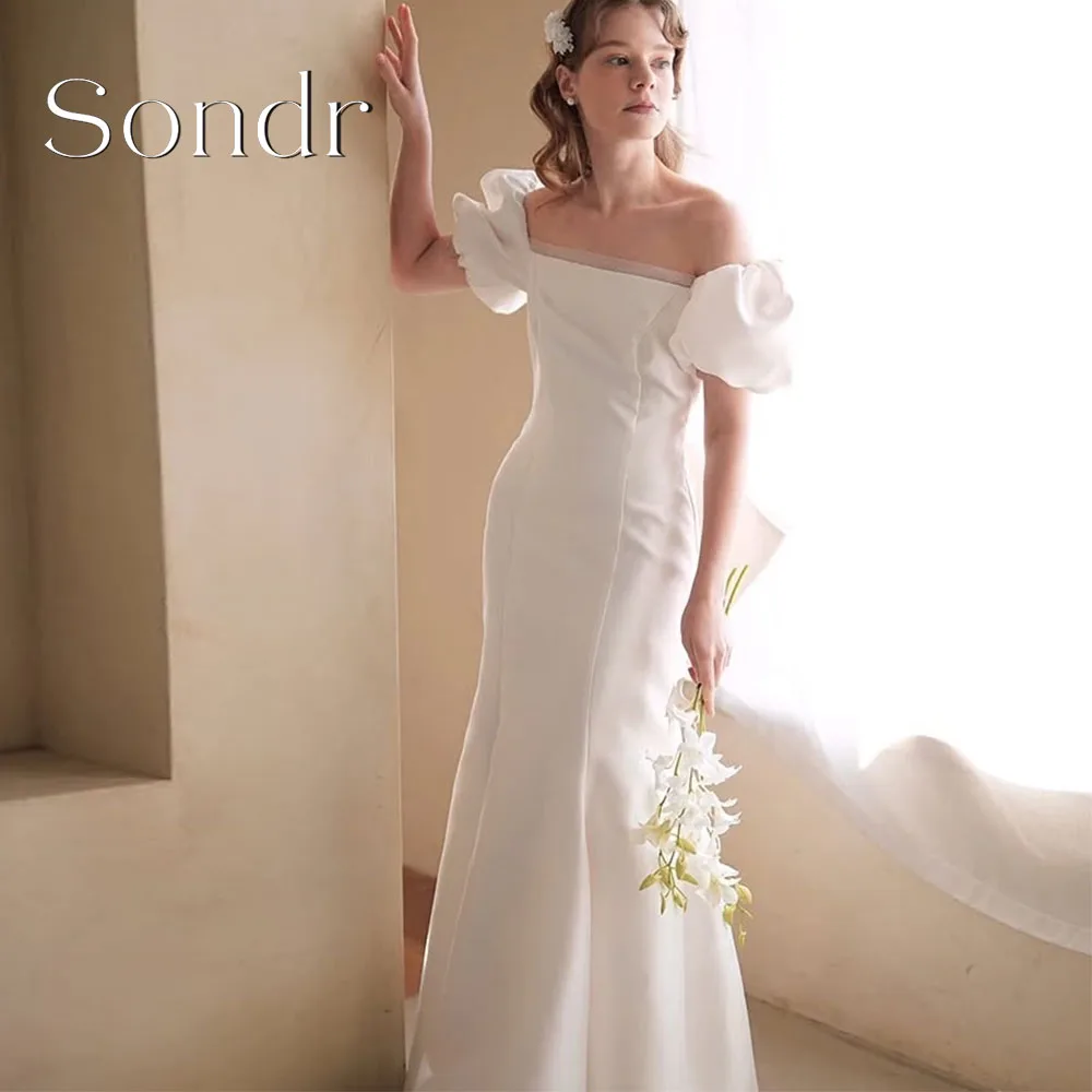 Sondr – robe de soirée de mariage élégante, Semi-sirène, personnalisée, longueur au sol, manches bouffantes, Corset au dos, robe de mariée, séance Photo