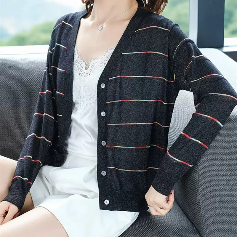 Spring Autumn Sweater Female V-Neck Stripe Knitted Long Sleeve Casual Loose Soft Fashion Women Clothing 2023  Button Cardigan