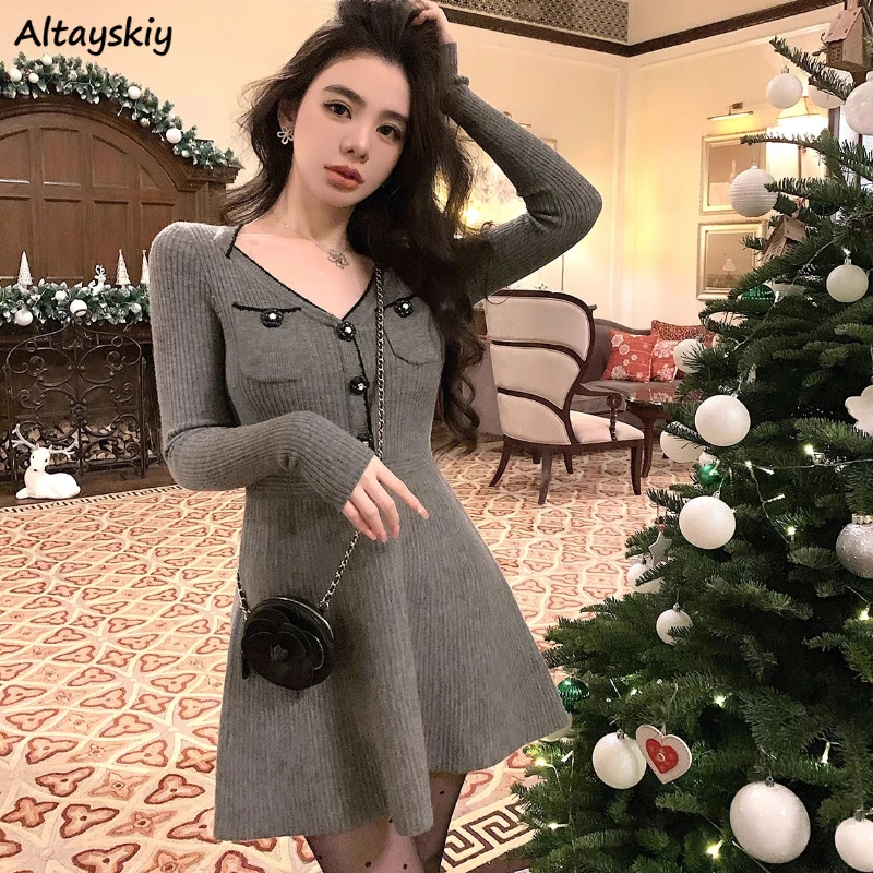 

V-neck Knitted Dress Women New Design Pockets All-match Bodycon Buttons Temper Tender Korean Style Fashion A-line Vestidos Chic