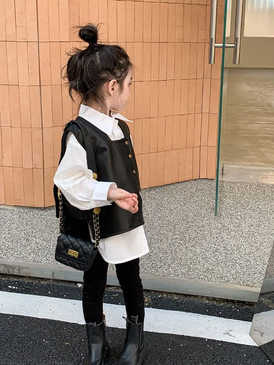 Spring and Autumn Girls' Shirt New Baby Stylish Leather Jacket Vest Shirt Two Piece Set for Middle aged Children