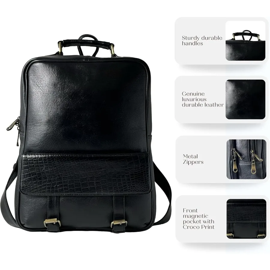 حقيبة ظهر للكمبيوتر المحمول من الجلد الأسود الفاخر مقاس 15.6 بوصة للرجال والنساء. حقيبة جلدية للاستخدام المهني في المكتب والعمل #5