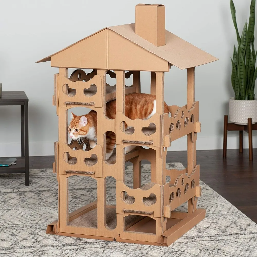 Cardboard Cat House Tower Playground, Multi-Level Cat Tree Hideout Scratcher with Catnip