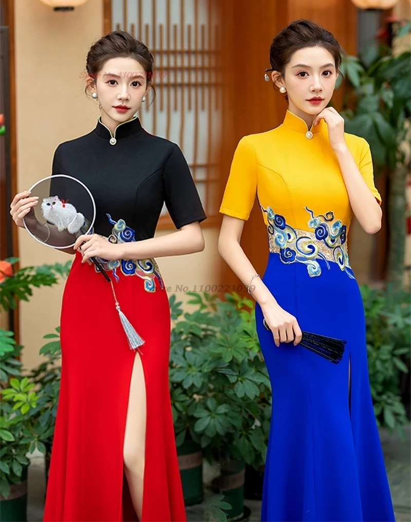 2026 chinese improved cheongsam national flower embroidery patchwork qipao formal qipao oriental vintage banquet evening dress