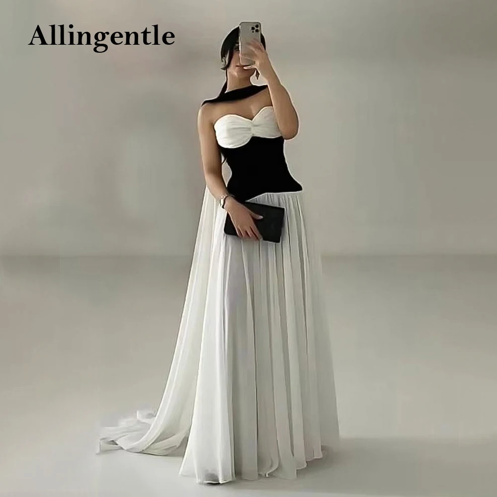

White and Black Chiffon Evening Dress Pleats A-Line Prom Dress Strapless Contrast Color вечернее платье Customized
