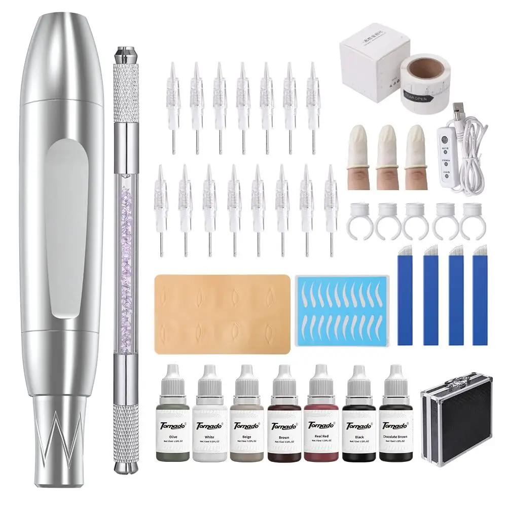 

Semi-Permanent Makeup Tattoo Kit with Manual Pen, Eyeliner, Eyebrow Ruler, Practice Skin, Ring Cup, and Pigments for Eyebrows