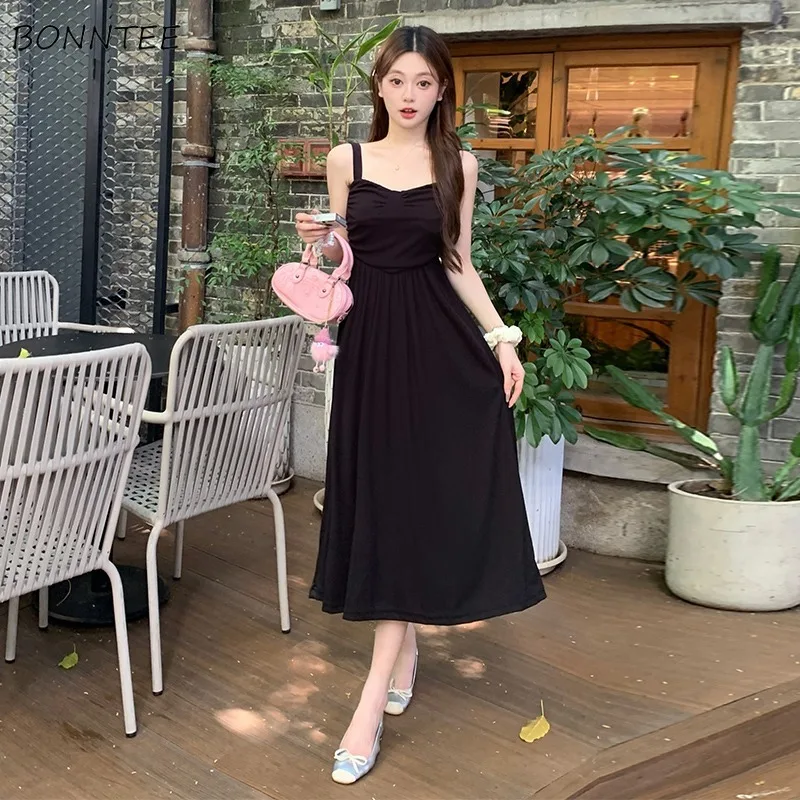 M-3XL Sleeveless Dresses Women Solid Folds Mid-length Korean Fashion Casual Daily All-match Simple Sweet Sexy Girls Summer Mujer