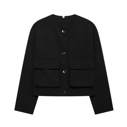 Willshela Women Fashion With Pockets Black Single Breasted Bomber Jackets Vintage O-Neck Long Sleeves Female Chic Lady Outfits