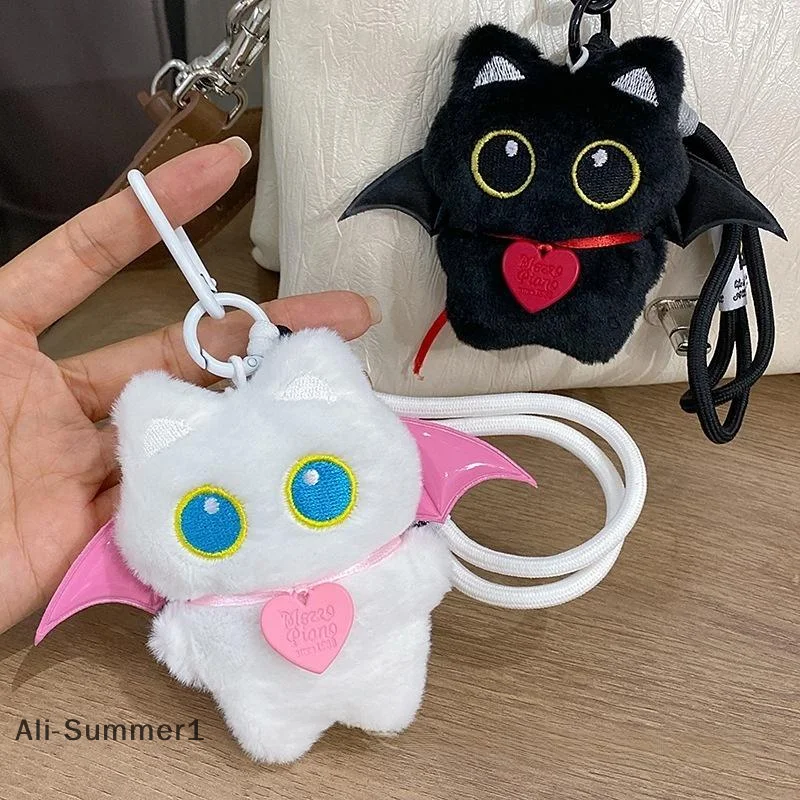【E】Cartoon Wing Black Cat Plush Doll Keychain Bag Pendant Backpack Hanging Decoration Car Keyring Kawaii Couple Gift