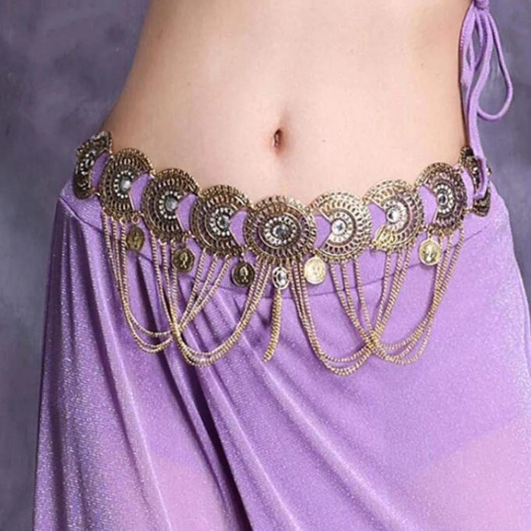 Bohemian Hollow Geometry Carved Rhinestone Pendant Womens Alloy Waist Chain Waterdrop Coins Tassel Belly Dance Ethnic Jewelry