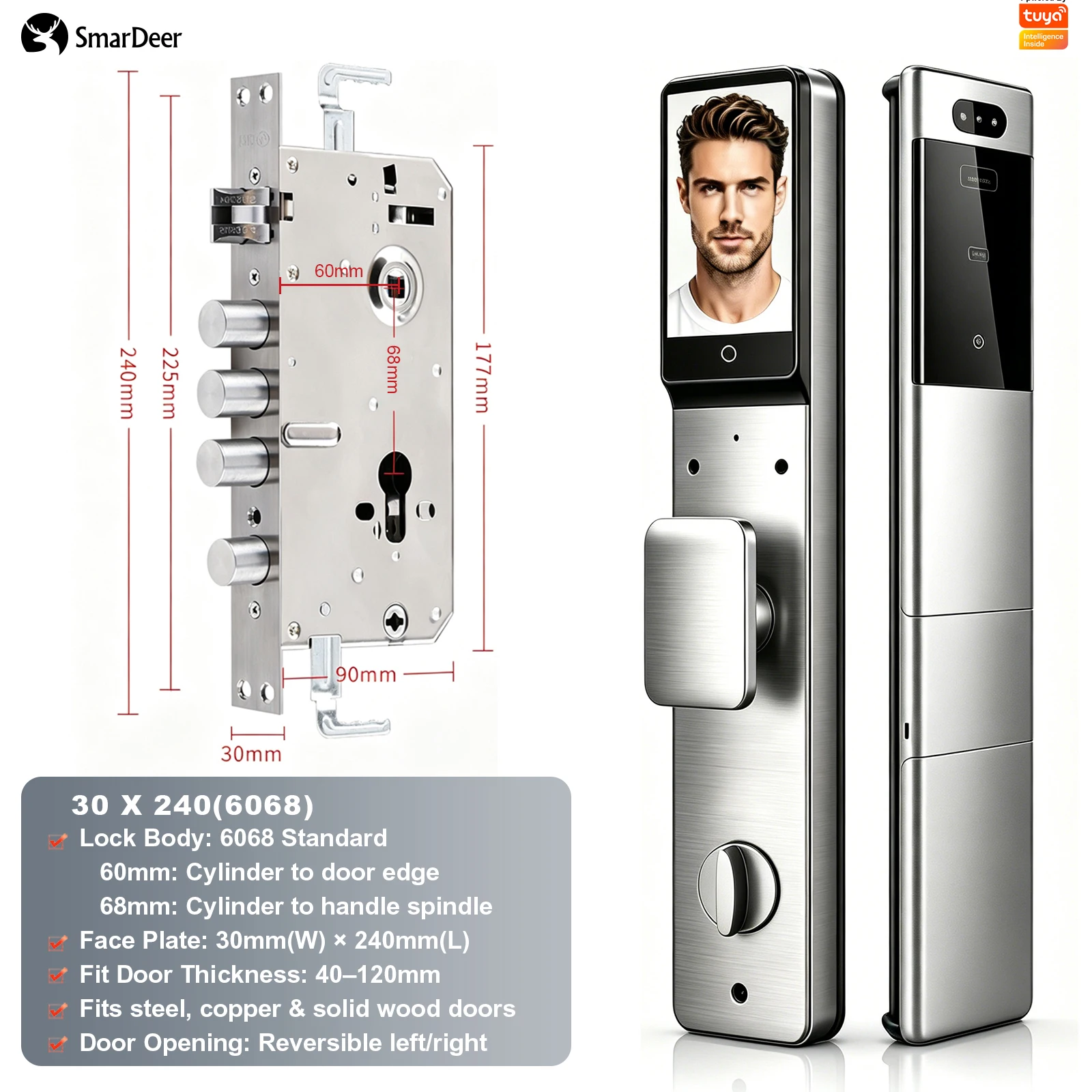 SmarDeer Smart Deurslot 3D Gezichts- en palmaderherkenning IP66 Waterdicht Ultradun elektronisch slot voor huisbeveiliging voordeur