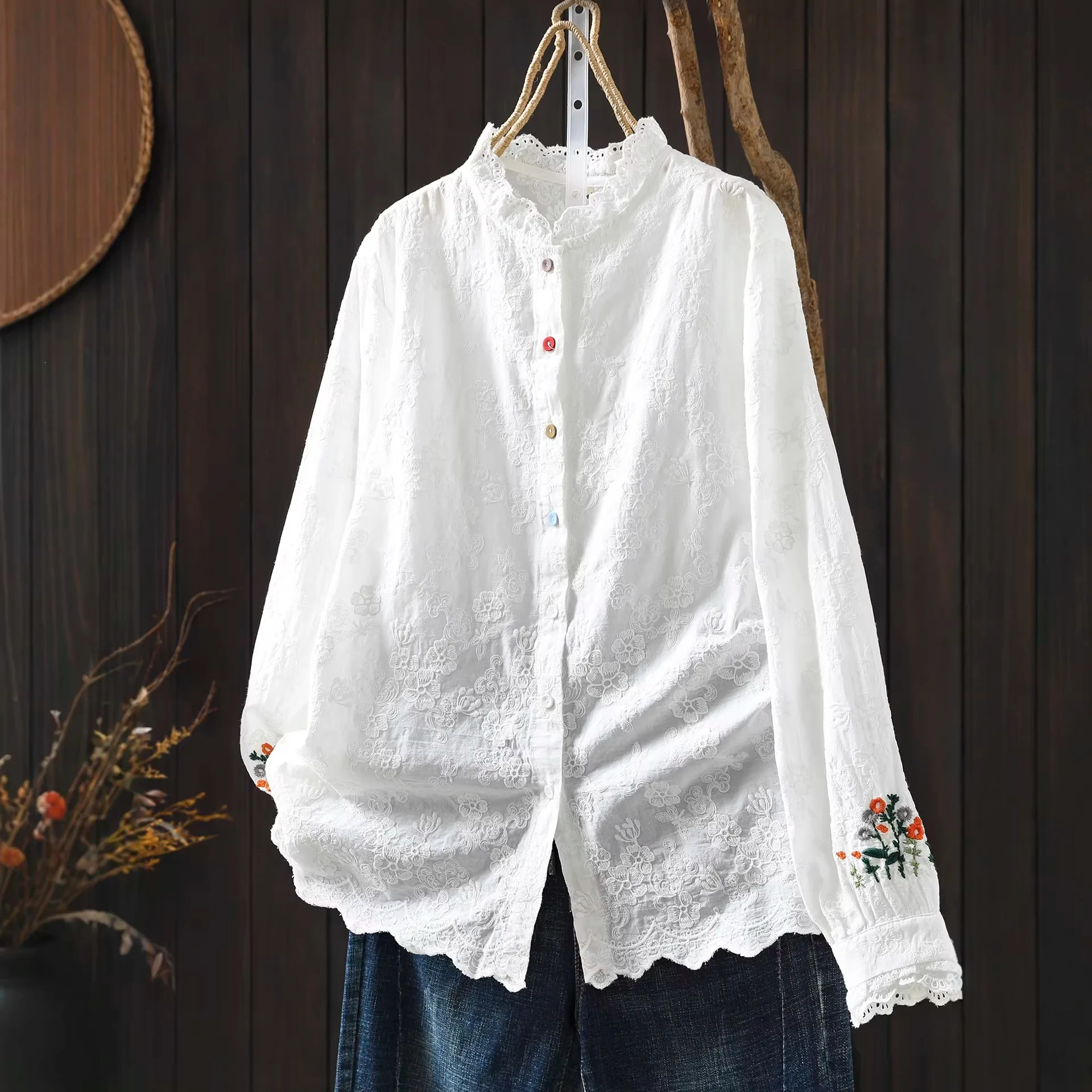 

100% Cotton women's blouses and shirts original design stand collar lace embroider white beige shirts long sleeve blouses