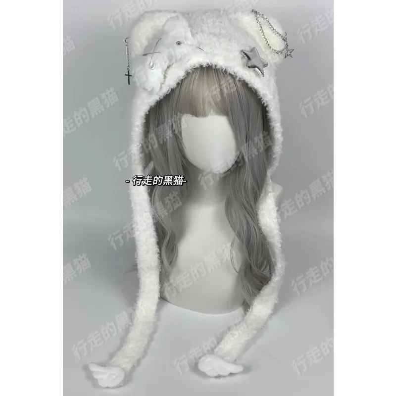 Subculture Sweet High-density Bear Hat Female Jirai Kei Accessories Original Cute Girl Little Bone Cross Star Wings Wool Caps