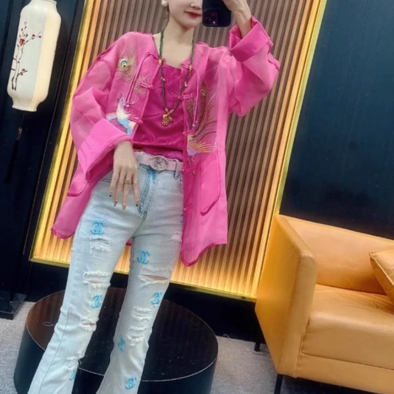 

2024 New Summer Chinese Style Fashion Blouses Long Sleeved Loose Round Neck Solid Color Embroidered Patchwork Women's Shirt Top