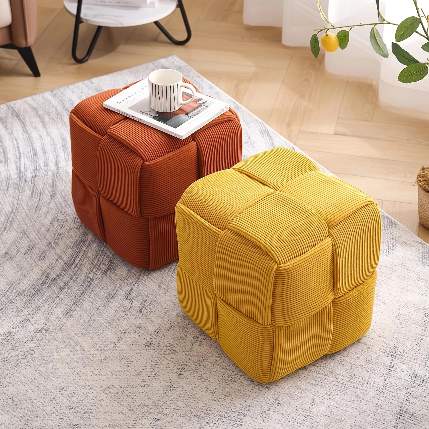 Square Faux Fur Ottoman Footrest Small Stool Sofa Shoe Bench Soft Woven Tea Machine Seat Home Decor