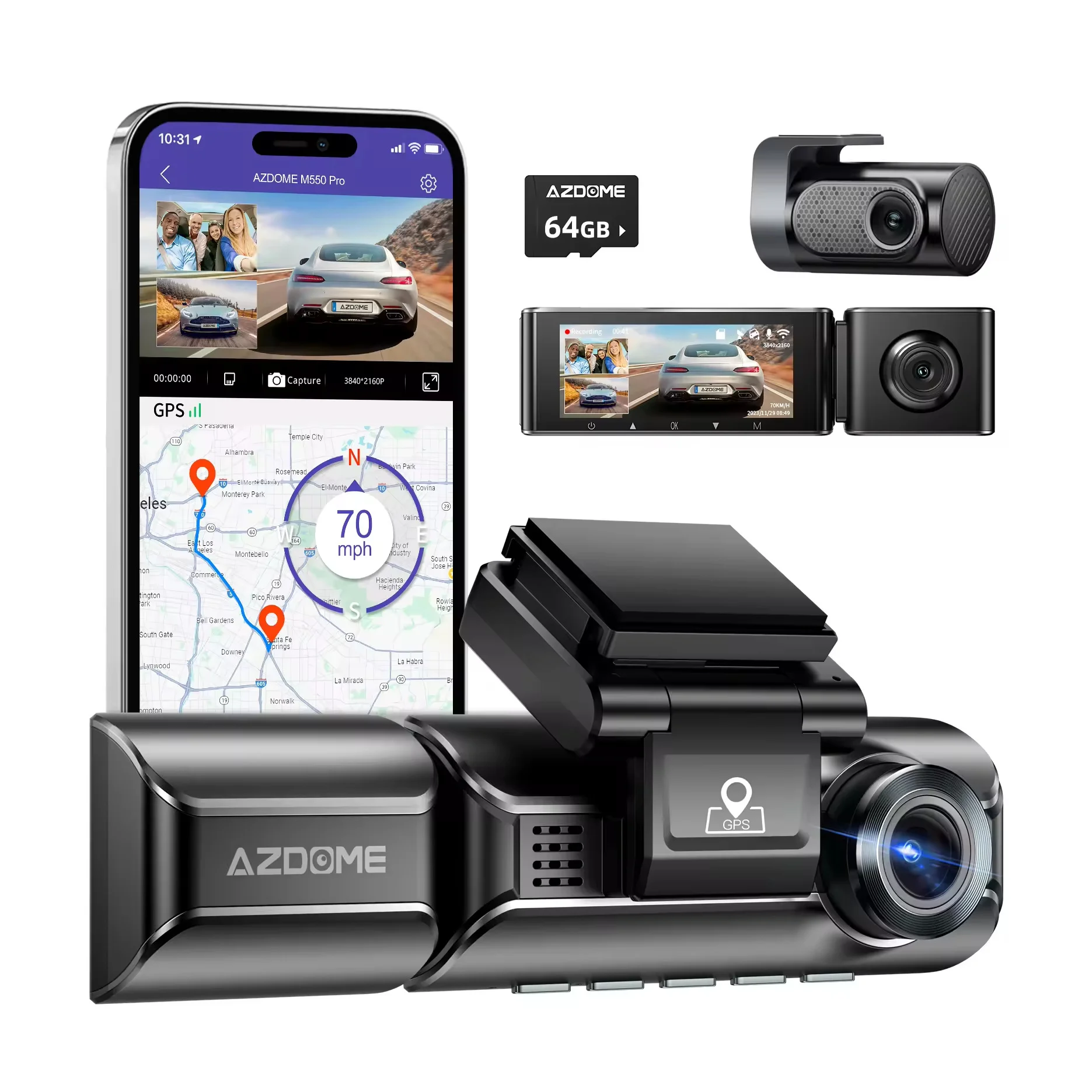 

AZDOME Car Driving Recorder Three Lens 4K+1080P+1440P Resolution Built-in WIFI GPS Trajectory Loop Recording 1-Year Warranty