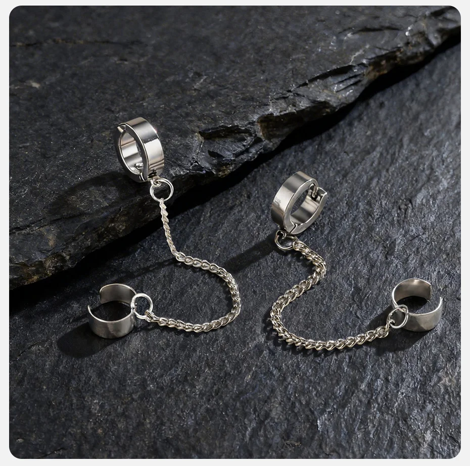 Vnox Edelstahl-Ohrringe mit geometrischer Kette für nicht durchbohrte oder durchstochene Ohren, silberfarbener Clip-On-Ohrmanschettenring, Unisex-Schmuck, neu – Detail 6