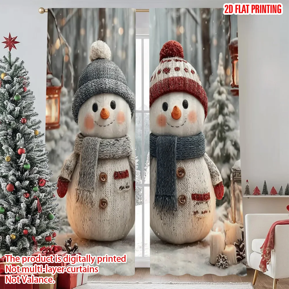 

2pcs 2D flat printing Christmas Curtains Winter Wonderland Snowman Versatile Polyester Fabric Without Electricity Holiday