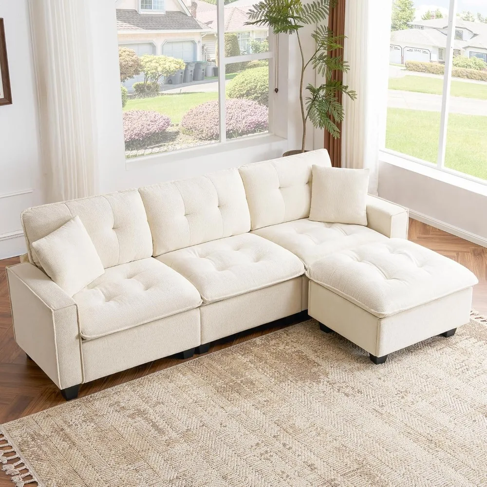 

100.4" Cloud Sofa Couch 3-Seater L Shaped Sectional Couch Oversized with Movable Ottoman for Living Room Chenille Beige