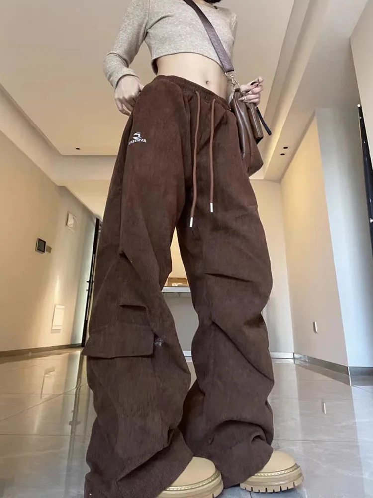 Pantaloni di velluto a coste con lettera vintage Pantaloni a gamba larga Hip Hop a vita alta da donna Pantaloni femminili larghi Harajuku autunnali retrò americani