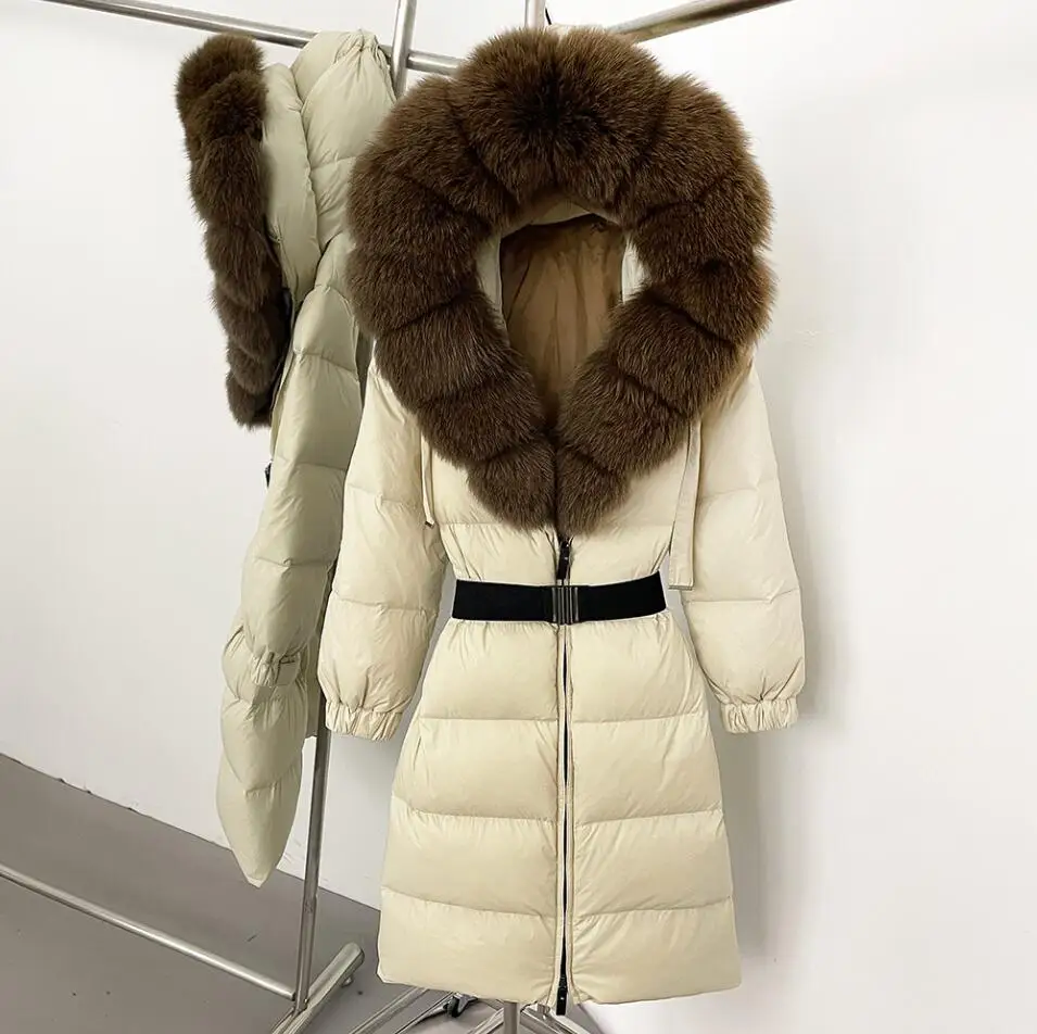 Delle nuove donne di Spessore Caldo 90% Piumino D'anatra Bianca Cappotto Lungo Giacca Invernale da Donna Reale Grande Pelliccia di Volpe Cintura Del Collo Allentato Piumino Parka