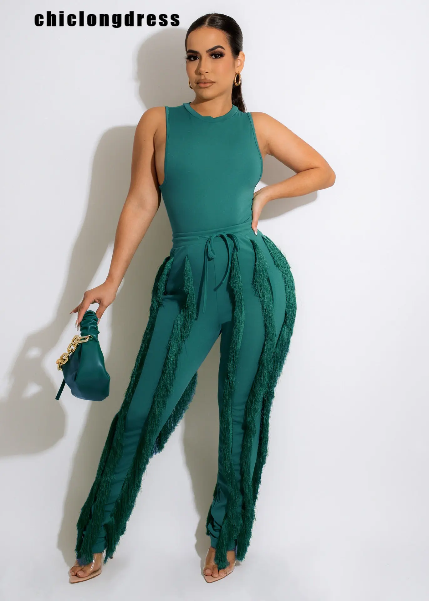 

Fashion Sleeveless Tops Tassel Pants Set Two Piece Suit Fringe Wide Leg Trousers Summer Spring Matching 2pcs Outfits Women