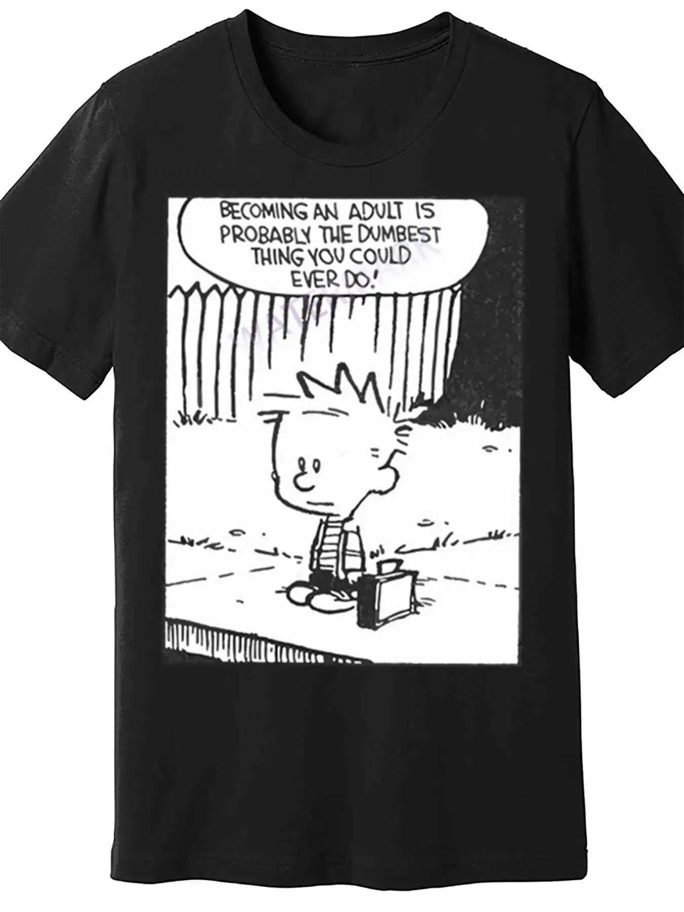 Camiseta de Calvin y Hobbes con la frase "Ser adulto es estúpido" - Algodón negro, camiseta con gráfico divertido