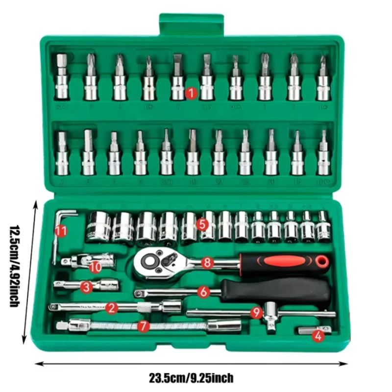

46pc drive socket auto repair kit, 1/4 inch ratchet wrench kit and socket metric hexagonal socket kit, mechanical tool kit