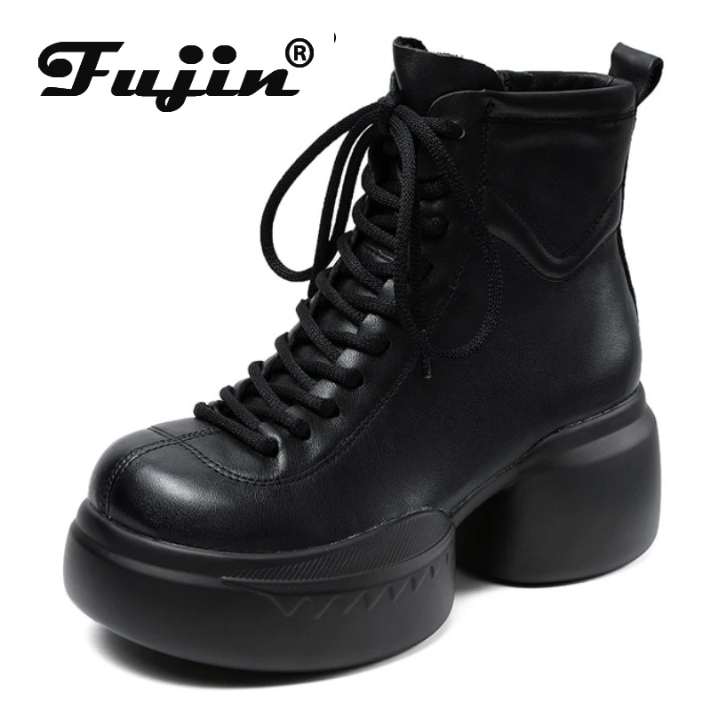 

Fujin 7cm Women Leisure Autumn Comfy Soft Chunky Heels Plush Shoes Cow Genuine Leather Ankle Boots Spring Platform Wedge Winter