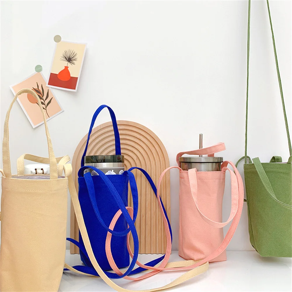 Cute Water Bottle Storage Bag Women Canvas Portable Cup Protector Holder With AdjustableStrap Insulator Sleeve Container