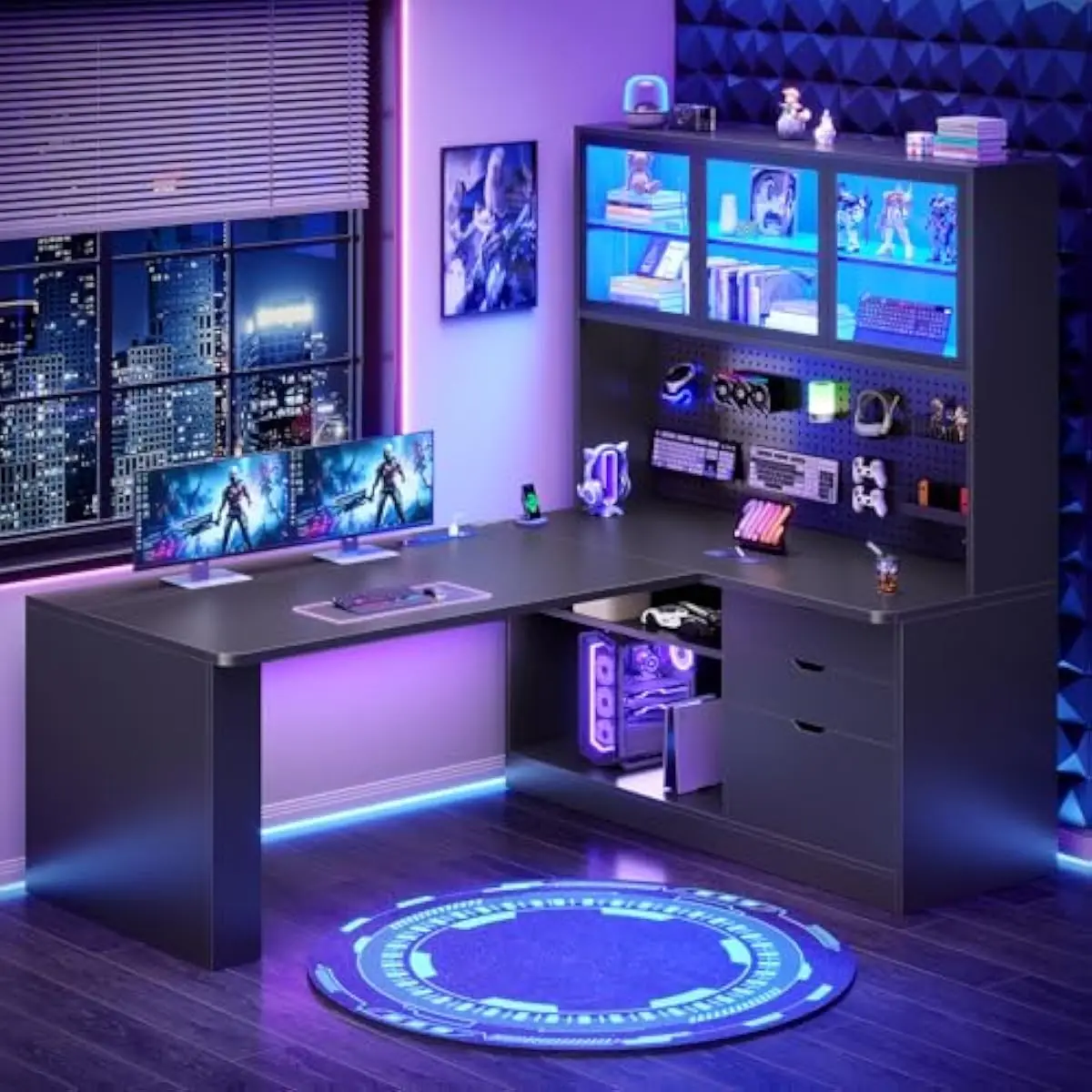 L Shaped Home Office Desk Featuring 3 Wooden Drawers, 47 Inch Pegboard, Dual-Tier Display Cabinet, RGB LED Lighting, Built-In Po