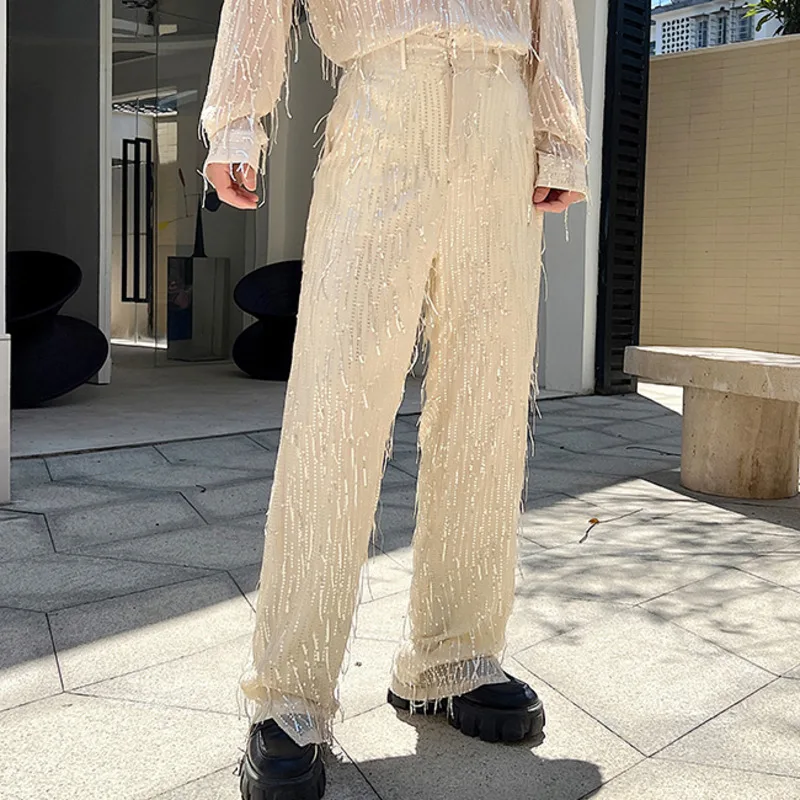 

Fashion Men Tassel Pants Sequin Bead Streetwear Loose Wide Leg Full Length Trousers Men Party Nightclub Casual Pantalones