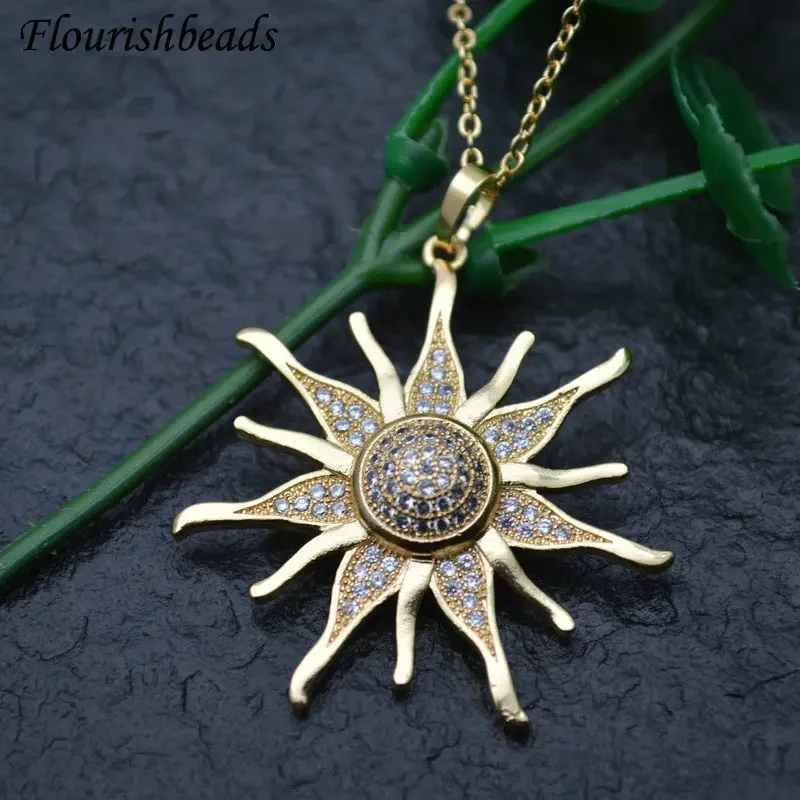 5pcs Luxury Sun Sunflower Shape Pave CZ Zircon Beads Gold Silver Color Pendant Necklace DIY Parts Jewelry Makings Accessories