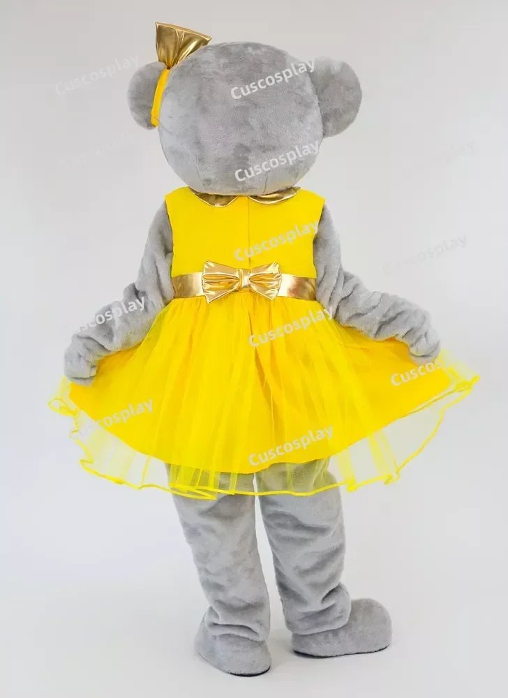 فستان أصفر رمادي تيدي بير زي التميمة شخصية ملاهي Funfair الرسوم المتحركة فستان بتصميم حالم حفلة عيد الهالوين