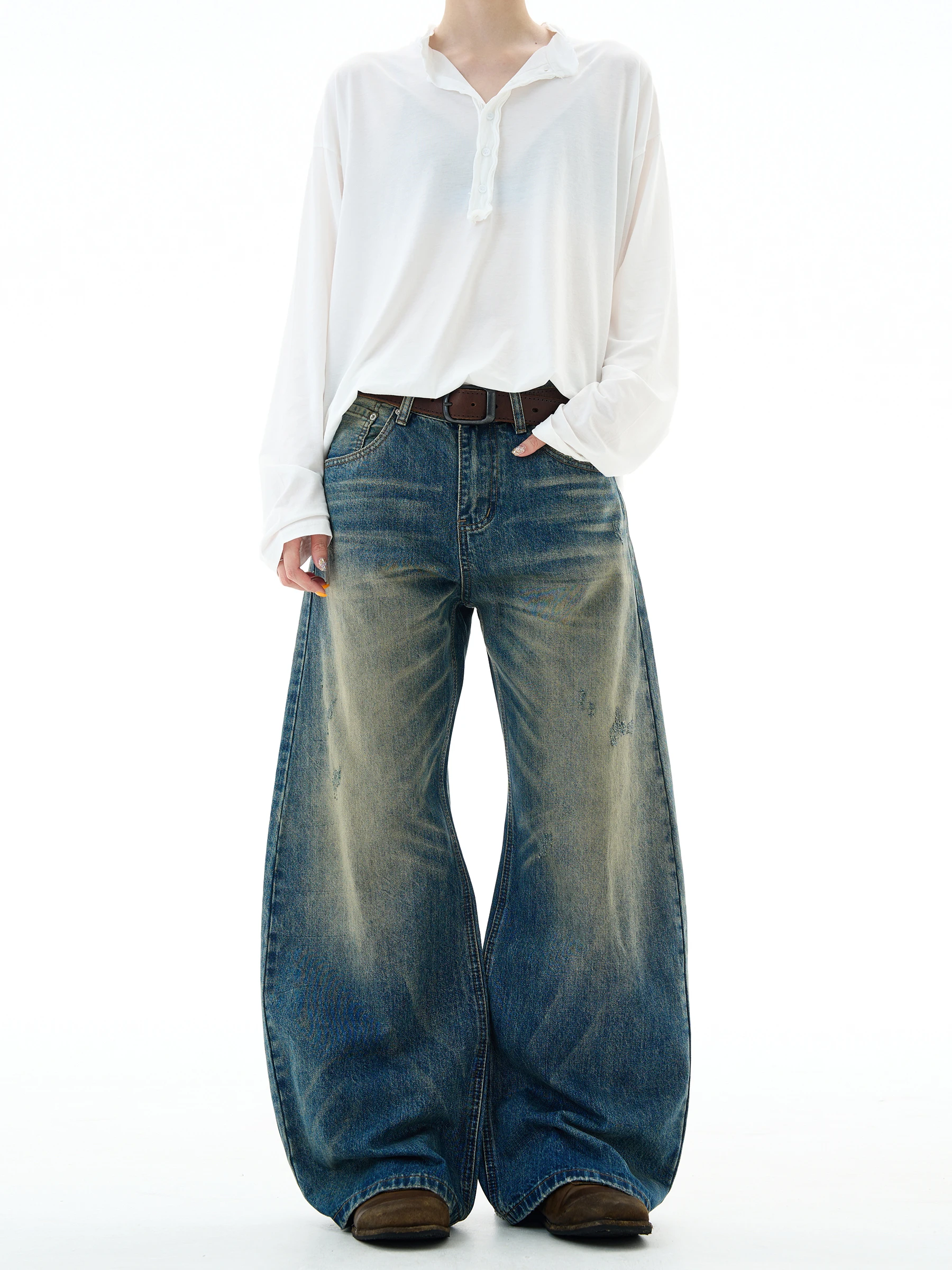 

MADWITCH винтажные повседневные свободные джинсовые джинсы с ножом для мужчин и женщин, смесь хлопка и полиэстера, прямые штаны