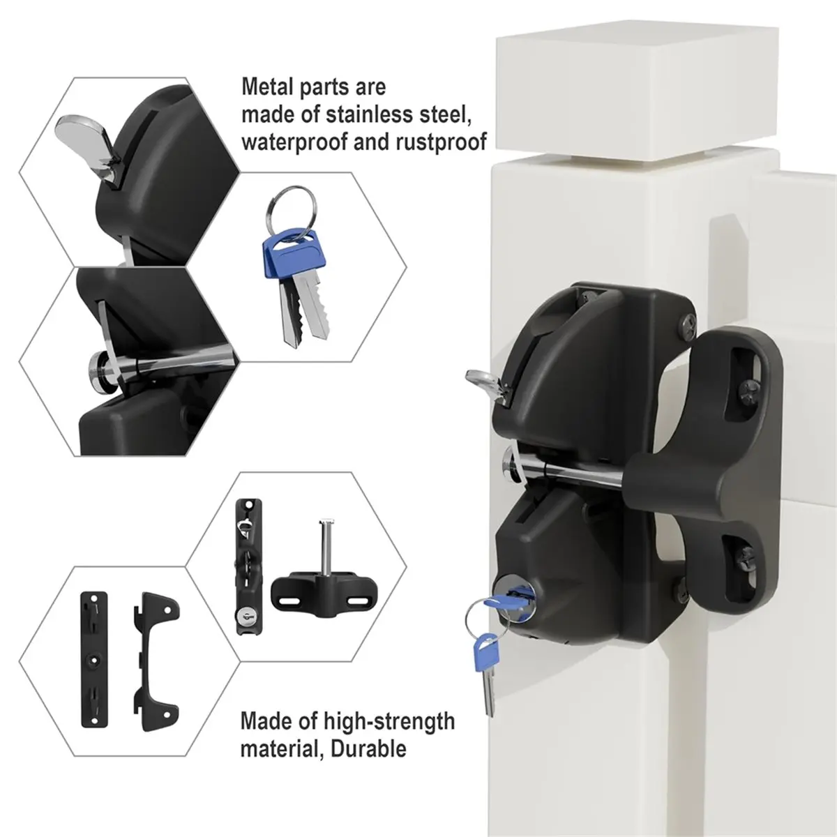 

Self Locking Gate , Lockable Key,Locking Gate Fence Lock for Outdoor Metal, Wood, and Vinyl Fence