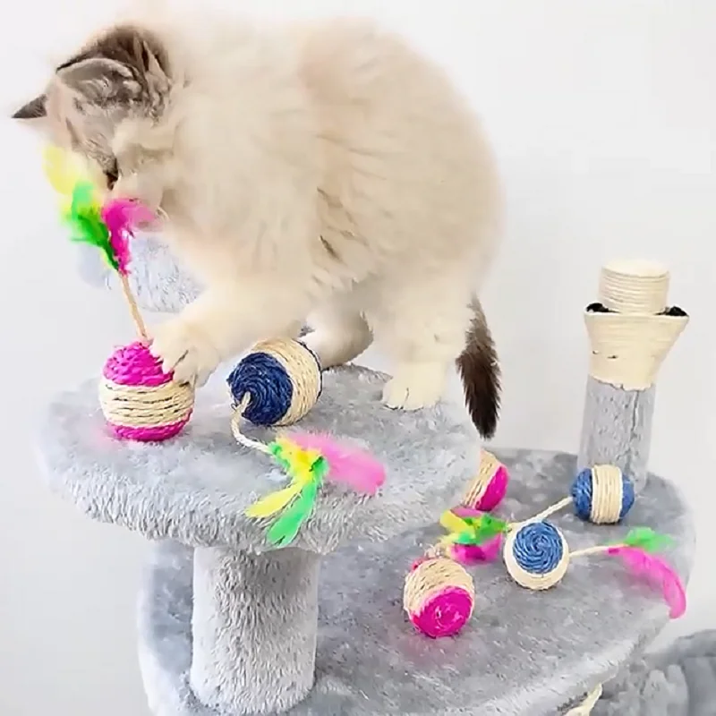 

MOONBIFFY Sisal Scratching Ball Cat Toy Cat Training Interactive Toy for Kitten Funny Play Feather Pet Supplies Cat Accessories