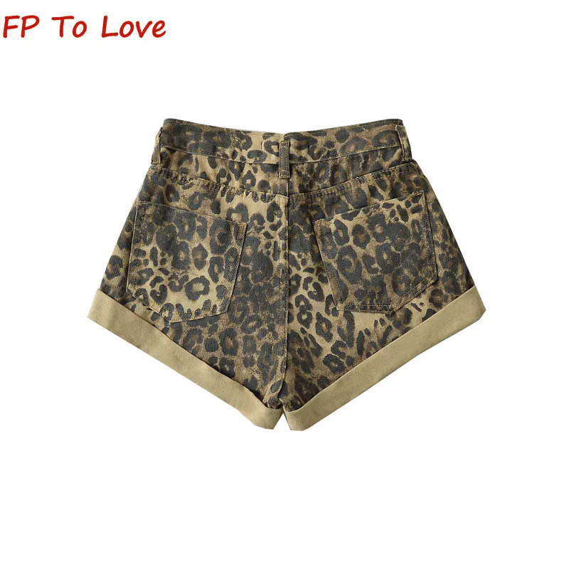 Y2K Wide Leg Leopard Print Casual Wide Leg Pants 2024 Summer Street Vintage Casual Rolled Denim Shorts Women