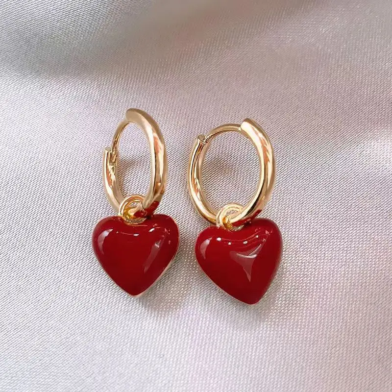 Stylish And Simple Wine Red Love Heart Dangle Earrings For Women Gold Color Circle Vintage Peach Drop Girl Valentine'S Gift