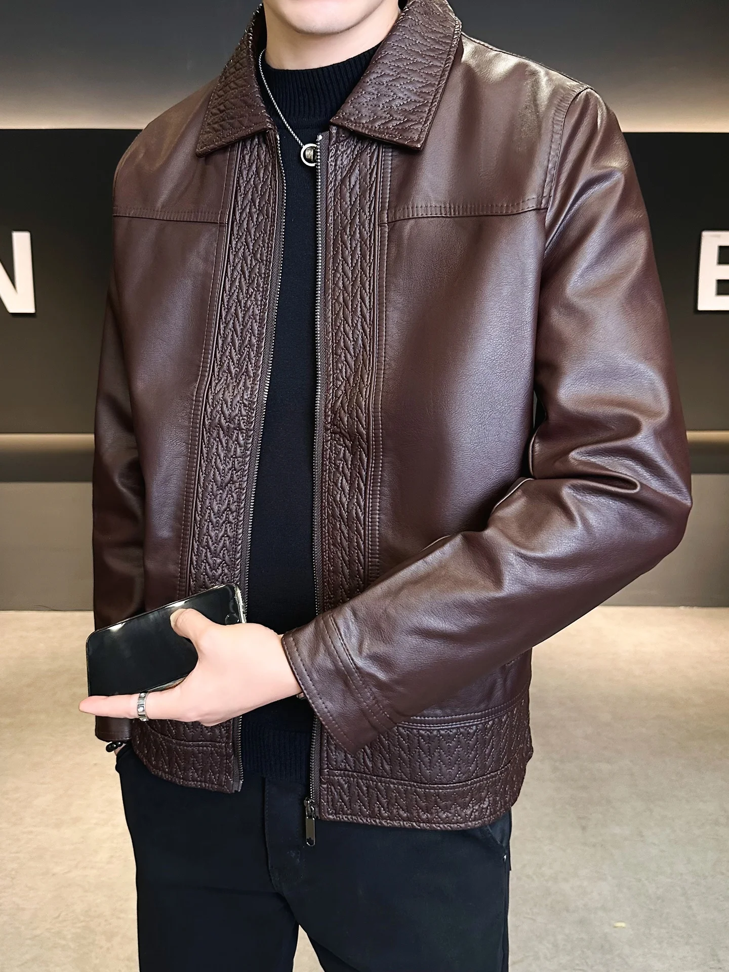 

Faionable Casual Leather Jaet Men's 2025 Autumn New Sle Turn-down Collar Versatile Trendy Brand Youthful Energy PU Leather