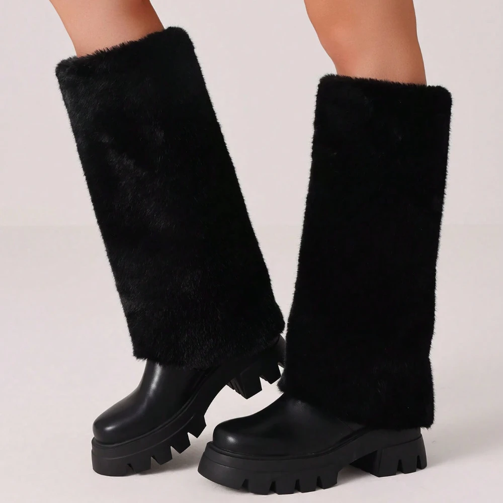 

Women's Furry Fold Over Knee High Shark Snow Boots Fashion Platform Chunky High Heels Pull On Party Winter Faux FurBoots Woman