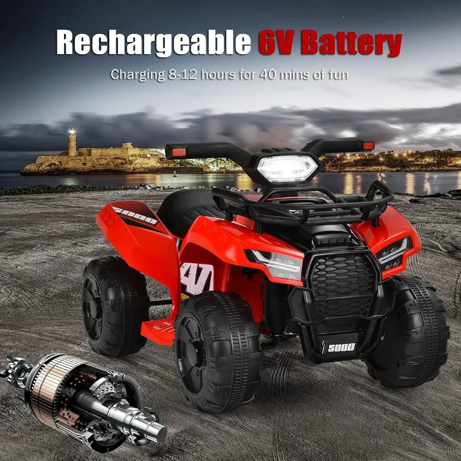 ATV 6V Veicolo elettrico alimentato a batteria Quad a quattro ruote con cestino portaoggetti Faro Corno Musica MP3 e USB Bambino 4 ruote R